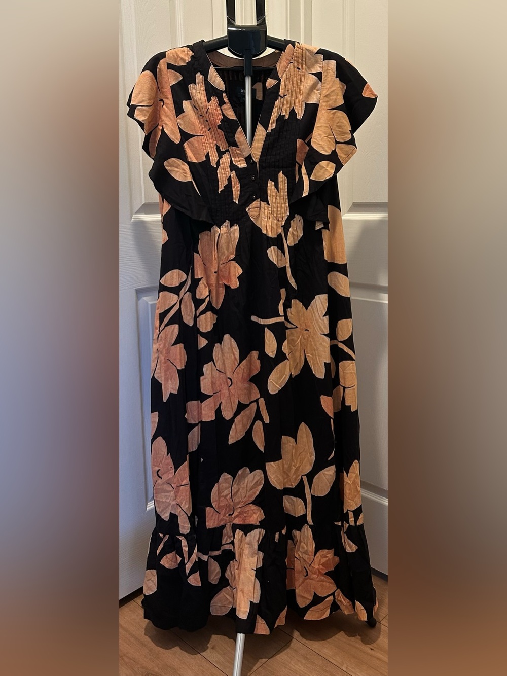 Anthropologie Black Maxi Skirt with Peach Floral Print